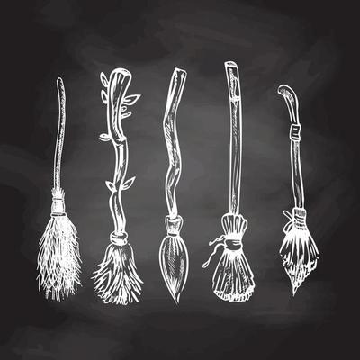 Hand drawn sketch of magic brooms set isolated on chalkboard background. Element of witchcraft. Symbol of magic.  A vehicle for the witch.  Halloween or all saints ' day.