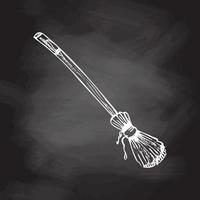 Hand drawn sketch of magic broom isolated on chalkboard background. Element of witchcraft. Symbol of magic.  A vehicle for the witch.  Tattoo broomstick or print for Halloween or all saints ' day. vector