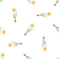 Watercolor botanical realistic floral pattern with narcissus. Bright yellow daffodil on a white background. Natural and vibrant repeated print for textile, wallpaper. Spring flowers vector