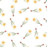 Watercolor botanical realistic floral pattern with narcissus. Bright yellow daffodil on a white background. Natural and vibrant repeated print for textile, wallpaper. Spring flowers vector