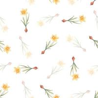 Watercolor botanical realistic floral pattern with narcissus. Bright yellow daffodil on a white background. Natural and vibrant repeated print for textile, wallpaper. Spring flowers vector