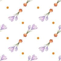 Crocus pattern. Saffron field. Seamless pattern with purple crocuses. Seamless vector pattern on a transparent background. Background illustration.  Wrapping background