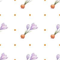 Crocus pattern. Saffron field. Seamless pattern with purple crocuses. Seamless vector pattern on a transparent background. Background illustration.  Wrapping background