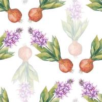 Watercolor background with blossoming hyacinths. Endless wallpaper with flowers. Hyacinth. Watercolor illustration. Hand drawn vector