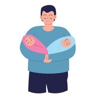 Father holding twin babies vector cartoon