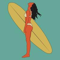 navegar niña minimalista vector ilustración. plano estilo digital Arte. joven mujer con tabla de surf en lleno crecimiento