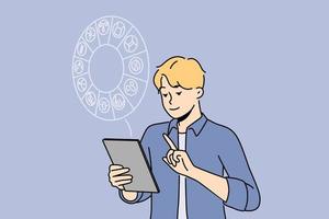 Man with tablet reading horoscope. Guy look at pad screen engaged in astrology reading. Zodiac sign. Vector illustration.