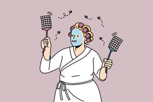 Funny overweight woman in bathrobe and mask on face beat insects with fly swatters. Anxious female chasing flies with special tool. Vector illustration.