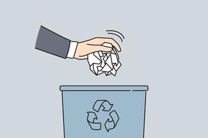 Man hand put paper in trash bin. Closeup of male throw crumpled paperwork in garbage container. Concept of recycling and waste sorting. Vector illustration.