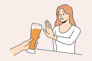 Woman refuse from extra glass of beer at bar. Decisive girl say no to alcoholic drink and excessive alcohol consumption. Addiction problem. Vector illustration.