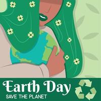 Girl character hugging planet Earth Earth day poster Vector illustration