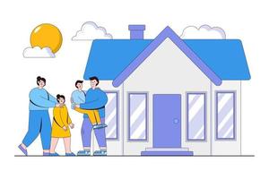 Happy family in front of house concept. Mother father daughter son holding hands and hugging. Outline design style minimal vector illustration for landing page, web banner, infographics, hero images