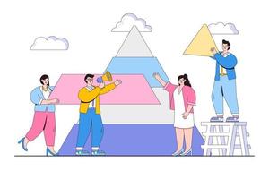 Teamwork, cooperation, partnership, advancement concept. Business people connect the elements of the pyramid. Minimal vector illustration for landing page, web banner, infographics, hero images