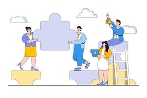 Teamwork, cooperation, partnership concept. Business people connecting puzzle elements. Outline design style minimal vector illustration for landing page, web banner, infographics, hero images