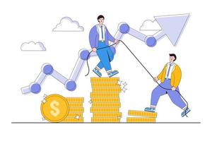 Career growth to success, teamwork, support and motivation concept. Man helping another climb to the top of coins. Minimal vector illustration for landing page, web banner, infographics, hero images