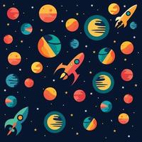 A colorful space background with a rocket ship and stars. vector