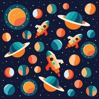 A pattern of planets and rockets in space. vector