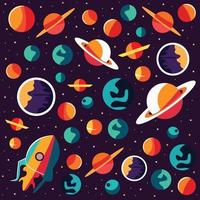 A space rocket with planets in the background. vector