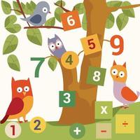 A math puzzle with a number 1 and an owl on the tree. vector