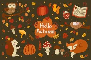 Hello autumn cute animals and attribute set. vector