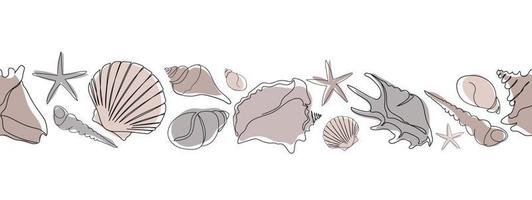 Seashells set on an abstract background. Seashells seamless banner. One line drawing of a shell. Hand drawn marine illustrations of seashells. Summer tropical ocean beach style. vector