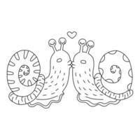 Two snails are kissing. Black and white vector illustration for banner or print