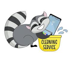 Icon sticker funny washing a smartphone with a raccoon. Cartoon. Vector. Characters. Isolated objects. vector