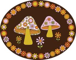 mod mushrooms with floral frame on brown background vector