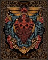 ilustración de vikingo cráneo cabeza con Clásico grabado ornamento en espalda Perfecto para tu negocio y mercancías vector