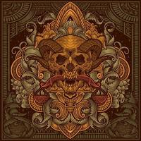 ilustración demonio esqueleto poco el escamas con Clásico grabado ornamento Perfecto para tu negocio y mercancías vector