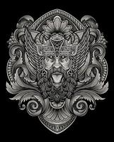 Illustration of angry viking head with vintage engraving ornament in back perfect for your business and Merchandise vector