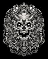 Illustration of demon skull head with vintage engraving ornament in back perfect for your business and Merchandise vector