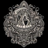 ilustración de de miedo severo segador cráneo con Clásico grabado ornamento en espalda Perfecto para tu negocio y mercancías vector