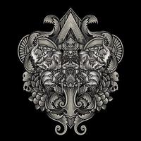 Illustration of scary butterfly with vintage engraving ornament in back perfect for your business and Merchandise vector