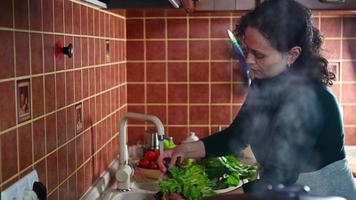 Multiethnic pregnant woman washes spinach and lettuce leaves under tap in home kitchen. In the foreground steam from a steamer while preparing a lunch. Healthy nutrition and diet during pregnancy video