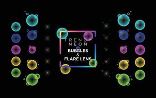 Trendy Neon Bubbles, Set of Round Bubbles With Glowing Light Effects, Flare Lens. vector