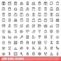 100 girl icons set, outline style vector