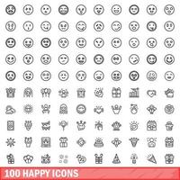 100 happy icons set, outline style vector