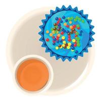 Birthday cake icon isometric vector. Bright multicoloured cake and cup hot drink vector