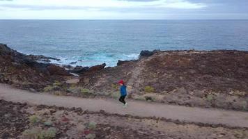 aéreo ver de mujer carreras a lo largo el frente al mar naturaleza reserva a amanecer. sano activo estilo de vida video