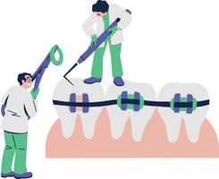 Dentist and orthodontist with stomatology tools. Vector illustration in flat style