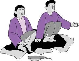 Illustration of two men sitting on the floor and looking at the pan vector