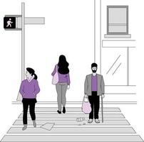 People on the crosswalk in the city. Vector illustration in flat style