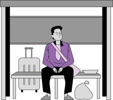 Man sitting in bus stop and waiting for bus. Vector illustration.