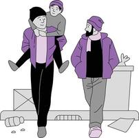 Vector illustration of people in winter clothes walking on the street. Flat style.