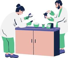 Male and female scientist working in laboratory. Man and woman in lab coat making chemical experiment in laboratory. Vector illustration in flat style