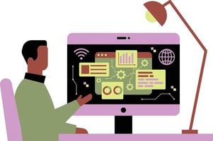 Man working on computer at home. Vector illustration in a flat style