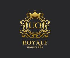 Golden Letter UO template logo Luxury gold letter with crown. Monogram alphabet . Beautiful royal initials letter. vector