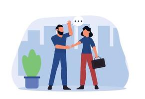 A woman and a man have a business meeting, they shake hands. Business partners discussing a deal at a meeting. Cooperation in business concept vector illustration