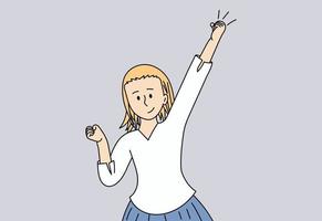 Happy young girl is happy to achieve success at work. The woman raises her fist up and shows that they are strong and independent. Vector illustration